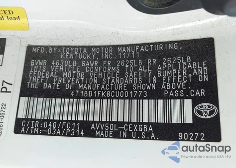 2012 Toyota Camry Hybrid Xle из США, поврежденный, VIN 4T1BD1FK8CU001773